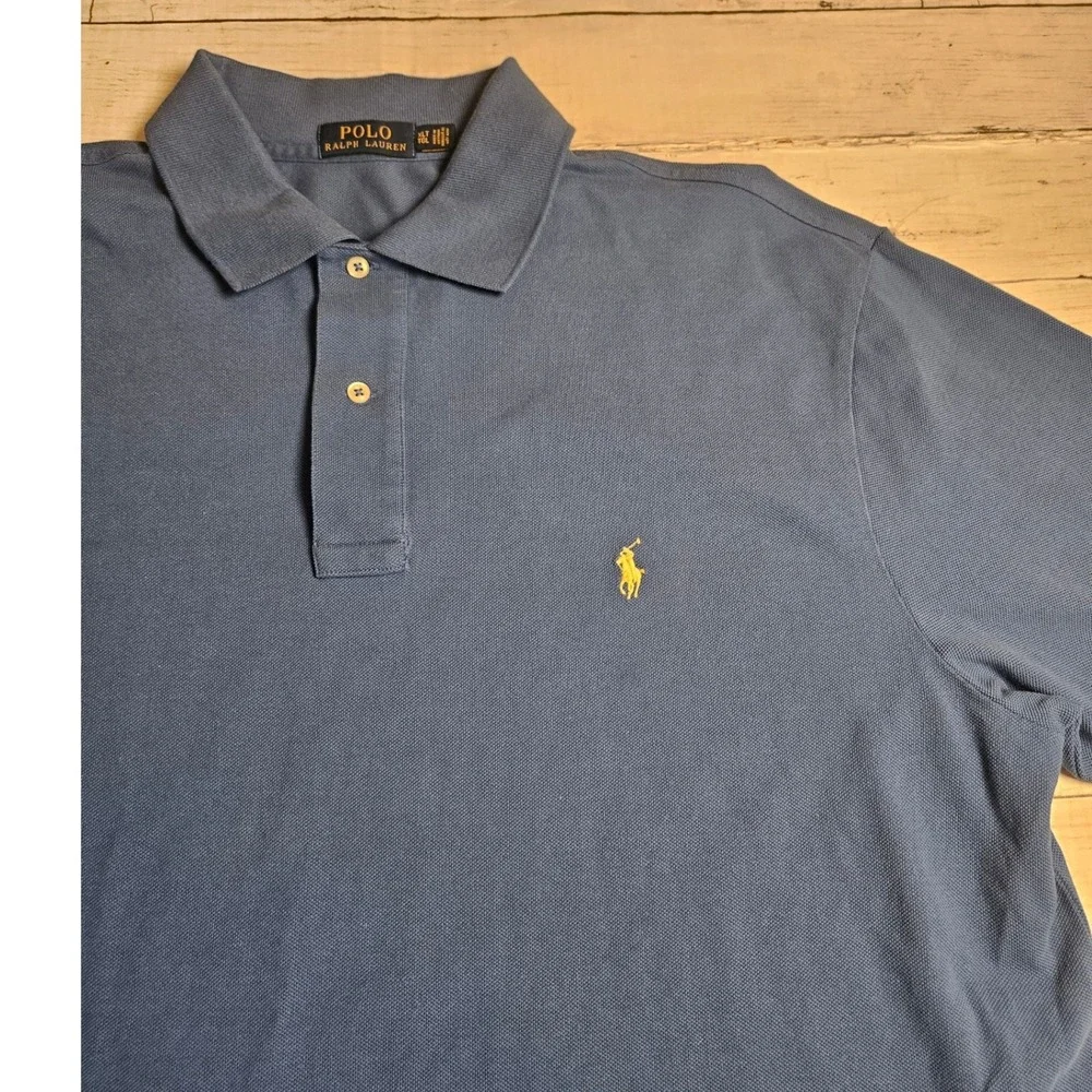 Polo Ralph Lauren Mens XLT Blue Pique Polo Shirt Yellow Pony Logo Cotton Tall